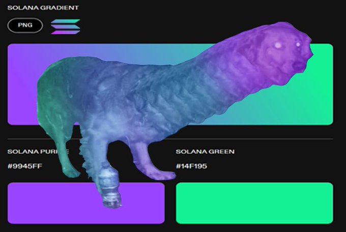 A Solana gradient color reference graphic showing a dog figurine rendered in purple-to-green gradient with the Solana logo and color codes #9945FF and #14F195.