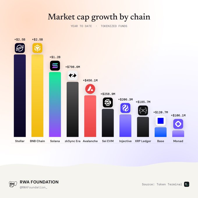 A bar chart titled 'Market cap growth by chain YEAR TO DATE · TOKENIZED FUNDS' showing Stellar and BNB Chain leading at +$2.5B each, followed by Solana ($1.2B), zkSync Era ($798.6M), and Avalanche ($456.1M), sourced from Token Terminal via RWA Foundation.