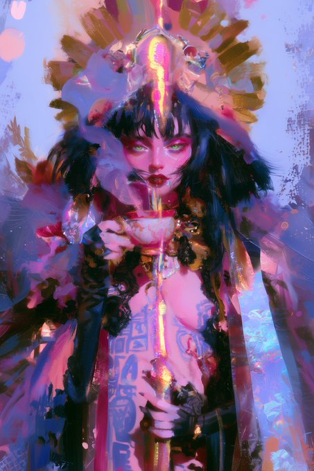 A vibrant, painterly digital artwork of a woman with long dark hair and striking green eyes, wearing an ornate gold and pink headdress and robes with hieroglyphic-like symbols.