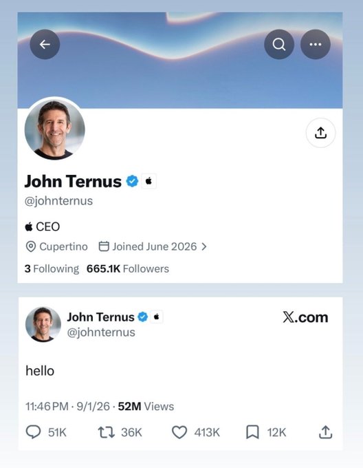 A Twitter/X profile screenshot for 'John Ternus' (@johnternus) showing him as Apple CEO, based in Cupertino, with a single post saying 'hello' that has 52M views.