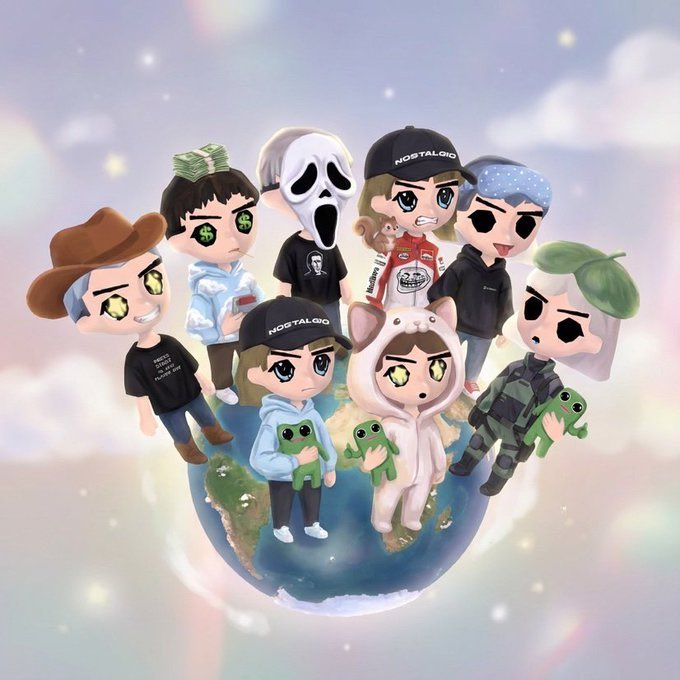 A group of chibi-style cartoon characters wearing various outfits and NOSTALGIO branded caps, standing together on top of a small Earth globe with small green frog plushies.