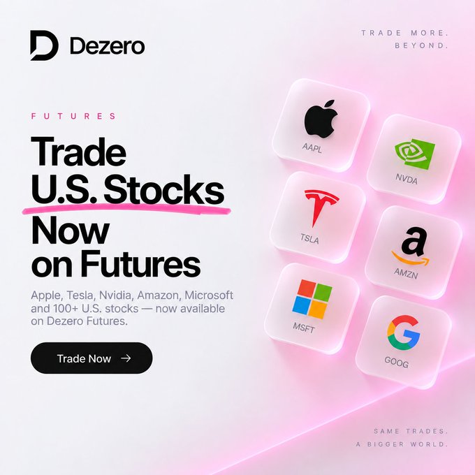 A Dezero advertisement featuring the tagline 'Trade U.S. Stocks Now on Futures' with logos for Apple (AAPL), Nvidia (NVDA), Tesla (TSLA), Amazon (AMZN), Microsoft (MSFT), and Google (GOOG).