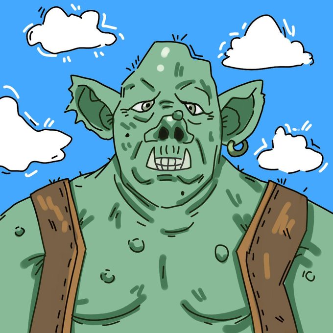 A cartoon illustration of a grinning green-skinned troll with pointy ears, a nose ring, and brown suspenders stands against a bright blue sky with fluffy white clouds. The image humorously matches the post's playful troll persona introducing the "10,000 Trolls NFT collection" on the Robinhood chain.