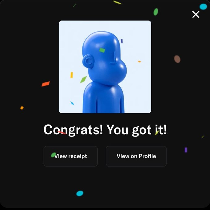Confetti-filled success notification with a blue figurine and the text "Congrats! You got it!" alongside "View receipt" and "View on Profile" buttons.