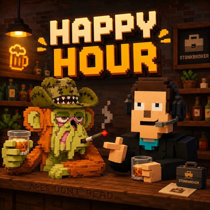 A pixel-art style bar scene with two voxel characters (a green Cthulhu-like creature and a human with headset) under a "HAPPY HOUR" sign, branded "STONKBROKER" with "APES DON'T READ" carved into the bar.