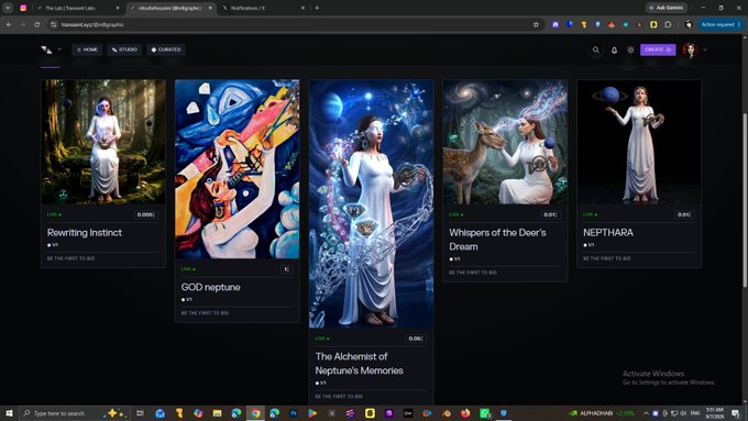 A web browser displaying the TikTok Shop with various AI-generated art listings including "Rewriting Instinct," "GOD neptune," "The Alchemist of Neptune's Memories," "Whispers of the Deer's Dream," and "NEPTHARA."
