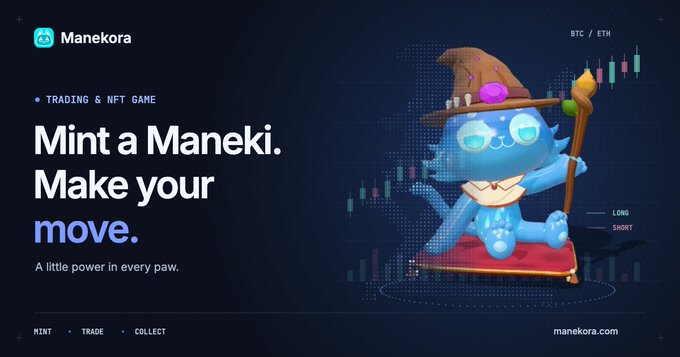 A dark promotional banner for Manekora featuring a blue NFT-style Maneki beckoning cat on a red mat, surrounded by candlestick charts. Key text reads “TRADING & NFT GAME,” “Mint a Maneki. Make your move.” and “A little power in every paw.” The banner ties the Manekora NFT mint and trading game to the post’s contract-trading and Blood margin concept, with “BTC / ETH,” “manekora.com,” and navigation links also visible.