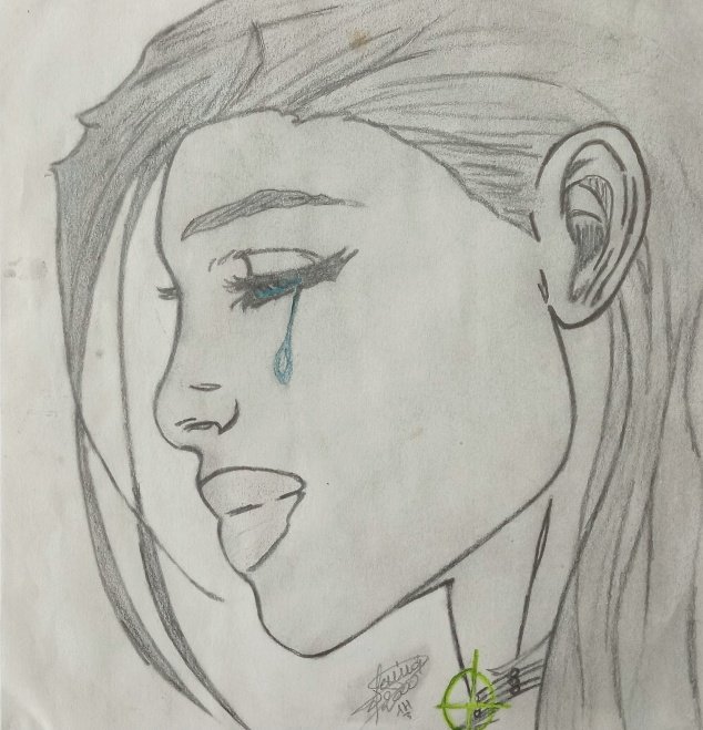 A pencil sketch portrait of a person in profile with a blue tear rolling down their cheek, featuring a signature and green symbol at the bottom.