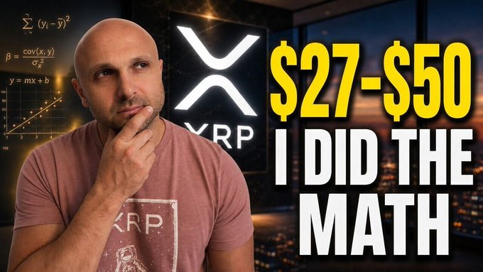 The image shows a man wearing a pink t-shirt, who appears to be pondering over a mathematical equation written in black text that reads "$27 → $50 XRP price target explained Not vibes. Not hype. Actual math using DTCC'S $2.3 trillion in settlement volume. Watch before the market moves youtu.be/IN5VSZL_nKo".
