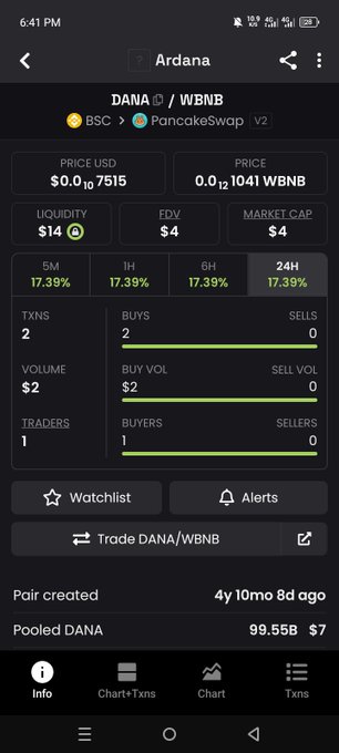 A mobile screenshot of a cryptocurrency tracking app showing details for the "DANA / WBNB" token pair on PancakeSwap, with a price of $0.07515, very low liquidity of $14, and a market cap of $4.