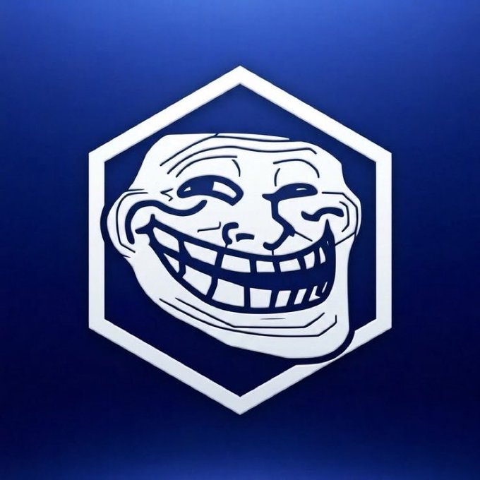A white line-drawn troll face meme centered inside a white hexagonal outline against a blue gradient background.