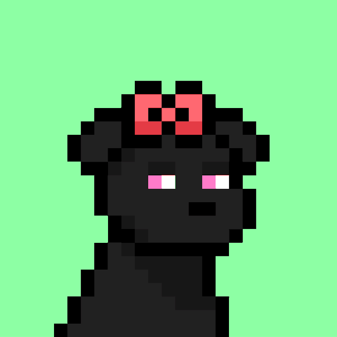 Pixel art of a dark character with glowing pink/red eyes against a bright green background.