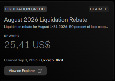 A digital receipt showing an 'August 2026 Liquation Rebate' reward of 25.41 US$, marked as claimed on Sep 3, 2026, with transaction hash 0x7ecb...ff8cd.