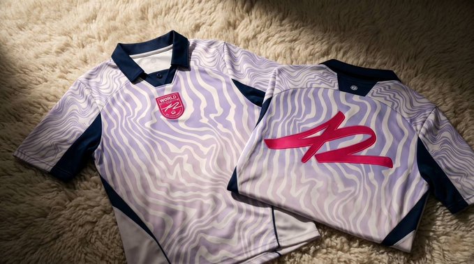 Two white and navy sports jerseys with wavy patterns, featuring a pink 'WORLD 12' crest and pink '12' lettering, displayed on a fluffy beige surface.