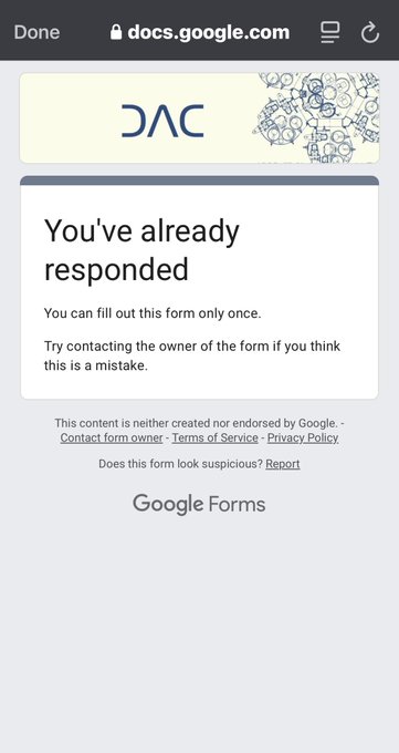 A mobile screenshot of a Google Forms page showing the message 'You've already responded' with the DAC logo visible.