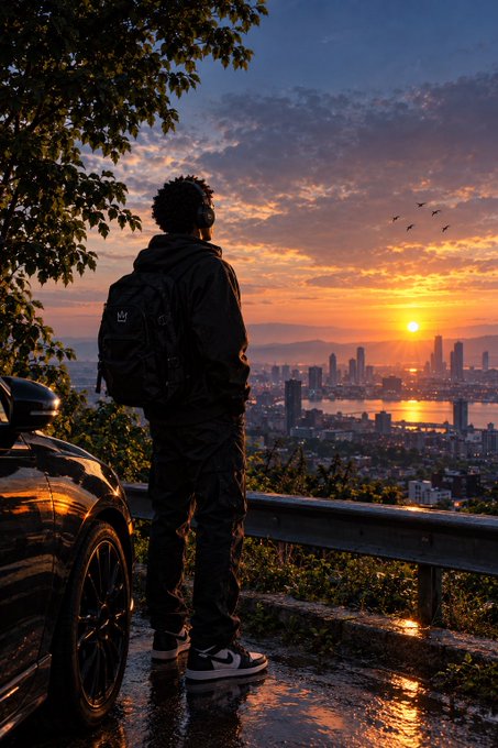 A cinematic AI-generated or stylized image of a man wearing headphones and an Adidas backpack standing on a hillside overlooking a city skyline at sunset, with a black sports car parked beside him and birds flying in the orange sky.