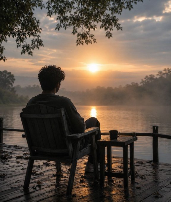 A person sits in a wooden Adirondack chair on a dock overlooking a serene lake at sunset, with a coffee mug on a small side table beside them.
