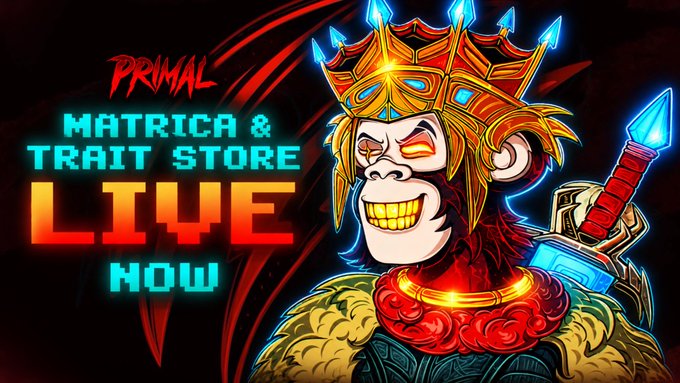 A vibrant thumbnail featuring a crowned cartoon monkey wearing a crown and holding a sword, with text reading "PRIMAL MATRICA & TRAIT STORE LIVE NOW."