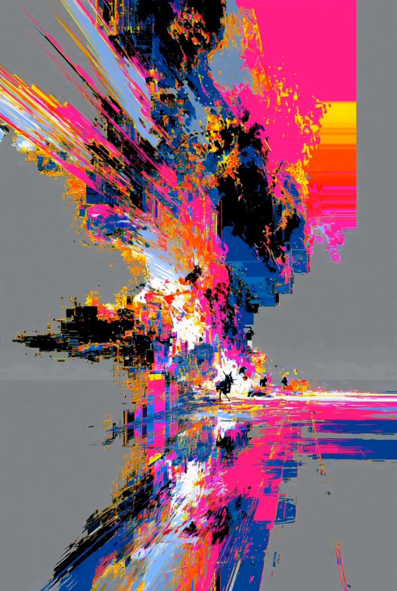 The image features a digital art piece that appears to be a computer-generated image (CGI) of a firework explosion, with a gradient background transitioning from pink at the top to orange at the bottom. The explosion is depicted as a large, colorful cloud in the center of the frame, surrounded by smaller explosions and debris scattered throughout the scene. The image also includes text that reads "Spilled from the journal directly into the machine. binary sentiment is a raw capture of movement and internal noise, anchored by the pulse of 061st mp4. 009 Ξ Mint link in the replies."