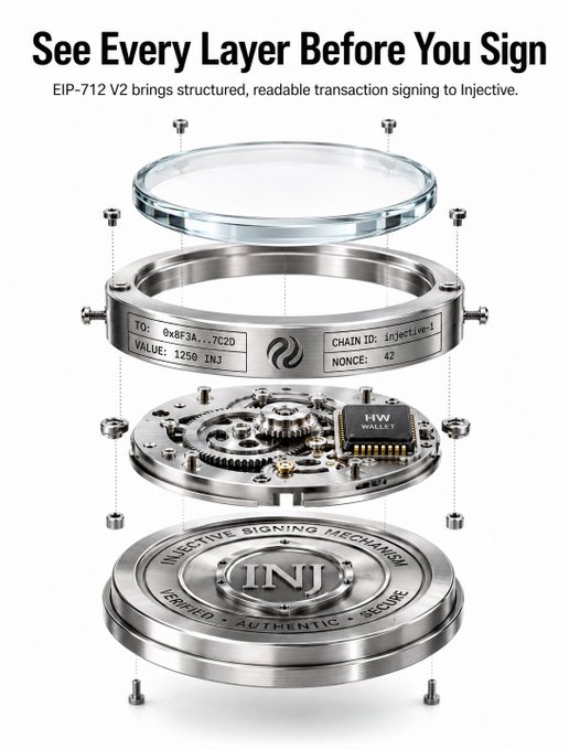 A transparent watch-style illustration displays the layered mechanics of EIP-712 V2 signing on Injective, showing structured transaction data including "TO: 0x8F3A...7C2D," "VALUE: 1250 INJ," "CHAIN ID: injective-1," and "NONCE: 42" — visually representing the protocol's tightened validation of structured transaction fields, much like how the Vulcan upgrade now enforces stricter checks on MsgSetDenomMetadata fields for tokenfactory assets.