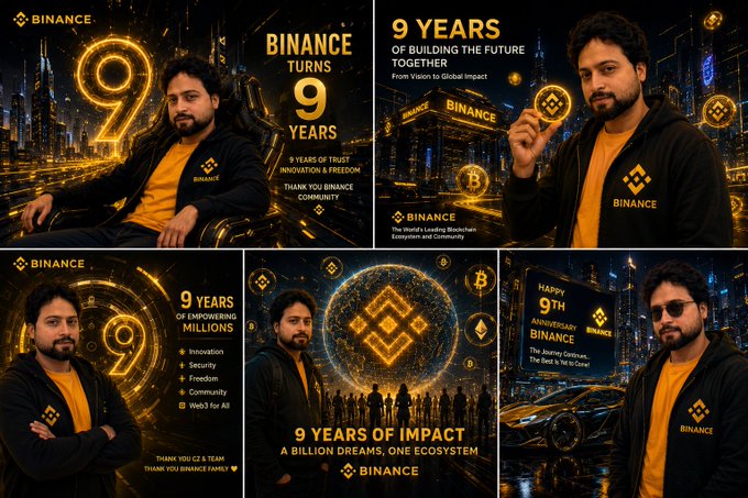 A 5-panel collage celebrating Binance's 9th anniversary, featuring a man in a Binance hoodie/jacket alongside messages like 'BINANCE TURNS 9 YEARS' and '9 YEARS OF IMPACT.'