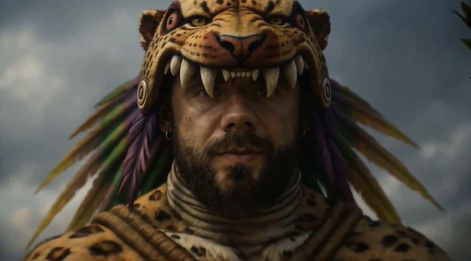 A digital portrait of a fierce man with a beard wearing an elaborate jaguar-themed headdress with large fangs and colorful feathers, set against a cloudy sky background.