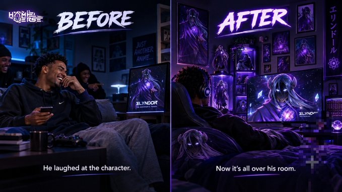 A before and after comparison showing a gaming setup: 'BEFORE' shows a person laughing at a character on screen, 'AFTER' shows the room filled with the purple-haired character 'Slynor'.