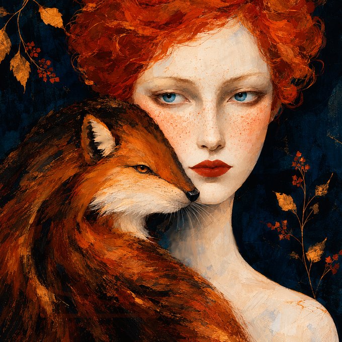 A painted portrait of a woman with red curly hair and freckles, accompanied by a fox whose head rests against her face, set against a dark blue background with autumn leaves.
