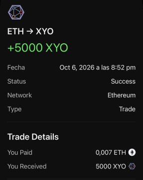 A cryptocurrency transaction confirmation showing a trade from ETH to XYO, with 5000 XYO received for 0.007 ETH on the Ethereum network, marked as successful.