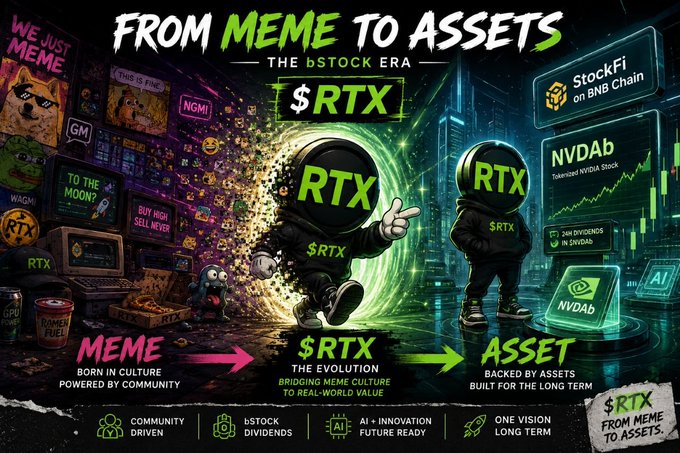 A vibrant promotional graphic titled 'FROM MEME TO ASSETS — THE bSTOCK ERA' showcasing the $RTX token and 'NVDAb' (Tokenized NVidia Stock) on the BNB Chain.