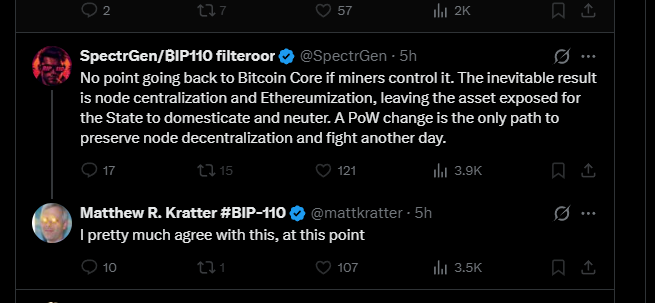 A screenshot of a Twitter/X thread from SpectrGen/BIP10 filteroor (@SpectrGen) discussing Bitcoin Core, node centralization, and a PoW change, with agreement from Matthew R. Kratter (@mattkratter).