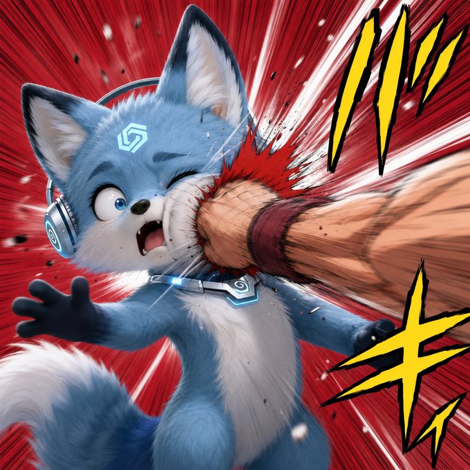 A 3D-rendered, stylized blue and white fox-like creature wearing headphones is shown getting punched in the face, with dramatic red and yellow comic-style impact lines and a red background.