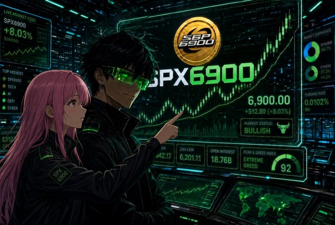 An anime-style illustration of a trader wearing green goggles pointing at a glowing digital chart for SPX6900, showing a bullish market at 6,900.00 (+8.03%) with an 'EXTREME GREED' fear index of 92.