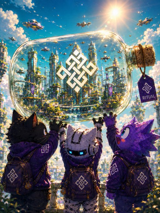 A digital illustration showing three anthropomorphic animal characters (a black cat, a robot, and a purple cat) in hooded jackets with infinity-knot symbols, looking up at a large glass bottle containing a futuristic cityscape, with a purple tag labeled 'RITUAL'.