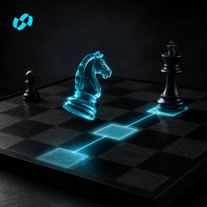 A glowing translucent blue knight hovers above a dark chessboard, its path traced by a luminous cyan line that leads toward a black king, while a lone pawn stands in the background. The image visually captures the post's message of strategic foresight and decisive action—mirroring how a single calculated move in trading, like the knight's leap, can reshape the entire game with BitradeX.