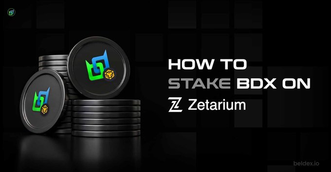 A dark-themed promotional banner for Beldex showing stacked BDX coins alongside text reading 'HOW TO STAKE BDX ON Zetarium' with the beldex.io watermark.