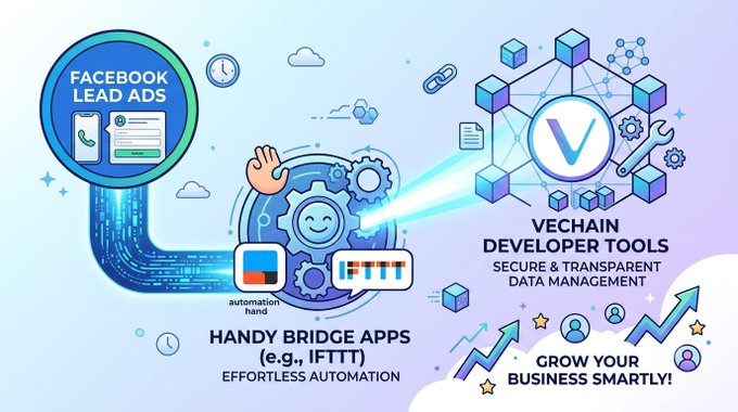 Diagram showing Facebook Lead Ads connecting through Handy Bridge Apps (e.g., IFTTT) to VeChain Developer Tools for secure data management and business growth.