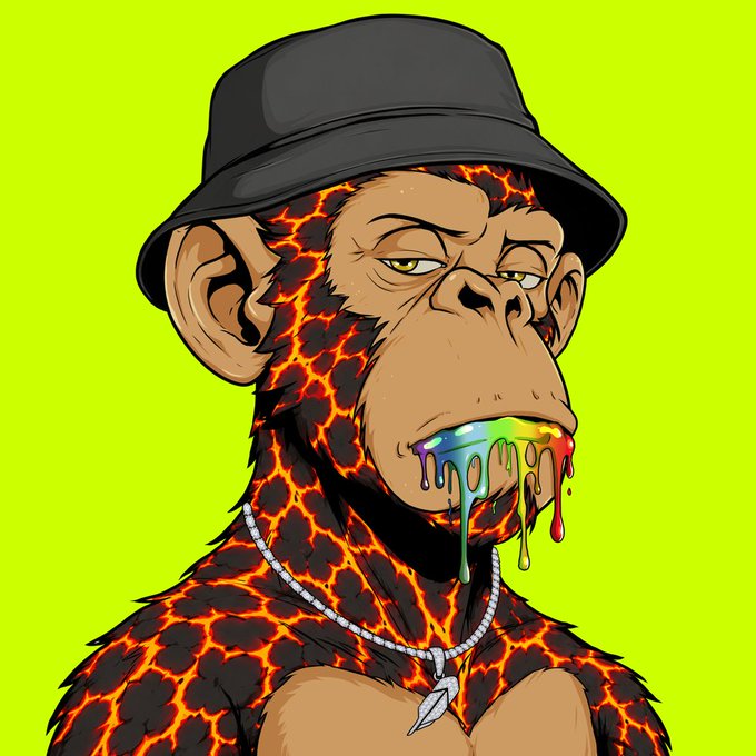 A digital illustration of a stylized chimpanzee with a cracked lava-patterned body wearing a black bucket hat and a silver chain, with rainbow-colored slime dripping from its mouth against a bright green background.
