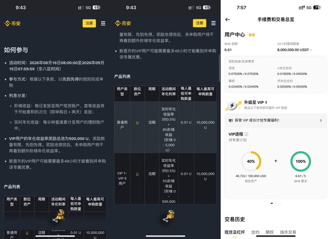 A smartphone screenshot showing a Binance (币安) promotion page in Chinese with details about VIP user benefits and trading fee discounts, including a product list table.
