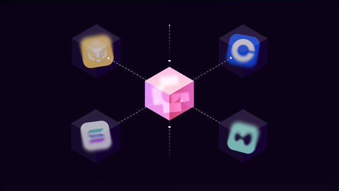 The image displays a pink cube at the center connected by dotted lines to four surrounding cubes featuring cryptocurrency and blockchain logos (including Coinbase's "C" logo, the Phantom wallet icon, and others), visually representing the interconnected network of platforms that Genius bridges to unify fragmented liquidity across chains.