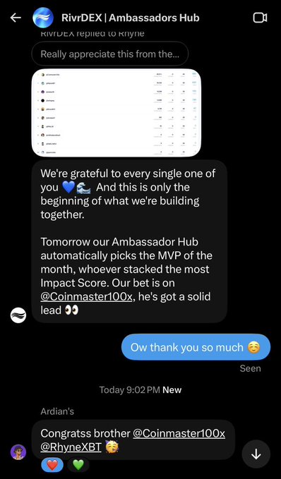 A screenshot of a Telegram conversation from 'RivrDEX | Ambassadors Hub' announcing a monthly MVP and tagging @Coinmaster100x.