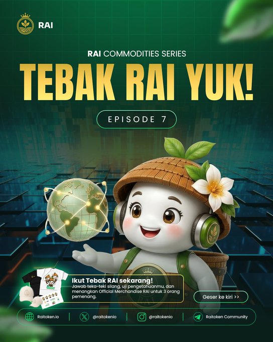 A promotional poster titled 'TEBAK RAI YUK! EPISODE 7' for the RAI Commodities Series, featuring a 3D cartoon mascot holding a globe and a flower, with social media handles for Raitoken.