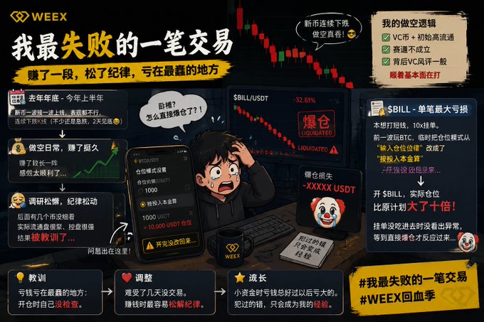 A WEEX promotional graphic titled '我最失败的一笔交易' (My Most Failed Trade), depicting a trader lamenting a liquidation on $BILL/USDT with a -32.81% loss and a clown emoji marking the blunder.