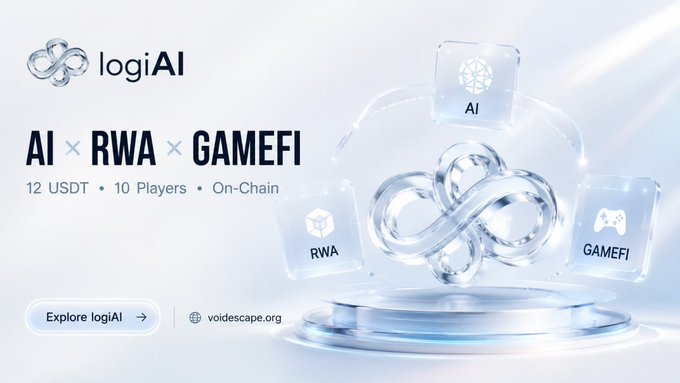 The image is a promotional banner for logiAI, featuring a futuristic crystalline infinity-style sculpture surrounded by three labeled modules—"AI," "RWA," and "GAMEFI"—with the headline "AI × RWA × GAMEFI," "12 USDT • 10 Players • On-Chain," and a call-to-action to explore logiAI at voidescape.org. The visual directly reinforces the post's point by showing how logiAI integrates AI, RWA, and GameFi into a unified product ecosystem rather than relying on buzzwords alone.