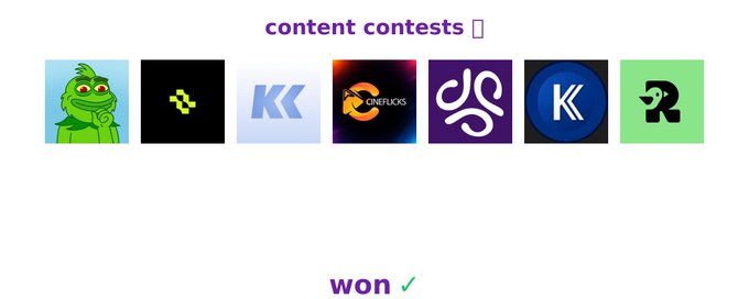 Display of 'content contests' logos including Pepe, various crypto/tech symbols, and logos like KK, ONEUOS, and K, with 'won ✓' marked below.