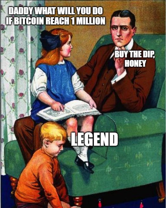 A classic painting-style meme with text reading 'DADDY WHAT WILL YOU DO IF BITCOIN REACH 1 MILLION', 'BUY THE DIP, HONEY', and 'LEGEND'.