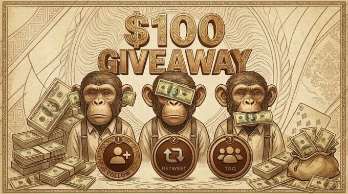 A sepia-toned illustration advertises a "$100 GIVEAWAY" featuring three chimpanzees surrounded by stacks of cash, with instructions to "FOLLOW," "RETWEET," and "TAG" corresponding to numbered buttons. The image visually reinforces the giveaway post's call-to-action, though the post specifies a "#SOL" giveaway, while the graphic depicts $100 bills rather than Solana cryptocurrency.