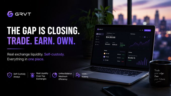 A promotional banner for the GRVT cryptocurrency exchange featuring the slogan 'THE GAP IS CLOSING. TRADE. EARN. OWN.' alongside an image of a laptop displaying trading charts and a coffee mug.
