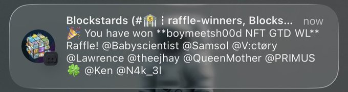 A Discord message screenshot from 'Blockstards (#💬┃raffle-winners)' announcing winners of a 'boymeetsh00d NFT GTD WL' raffle, tagging @Babyscientist, @Samsol, @V:ctøry, @Lawrence, @theejhay, @QueenMother, @PRIMUS, @Ken, @N4k_31.