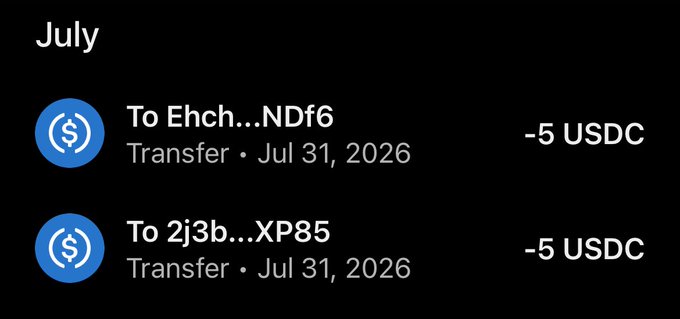 A transaction history screenshot showing two USDC transfers of -5 USDC each sent on July 31, 2026, to recipients labeled "To Ehch...NDf6" and "To 2j3b...XP85," which appears to document the user sending money to two tagged individuals as part of a giveaway.